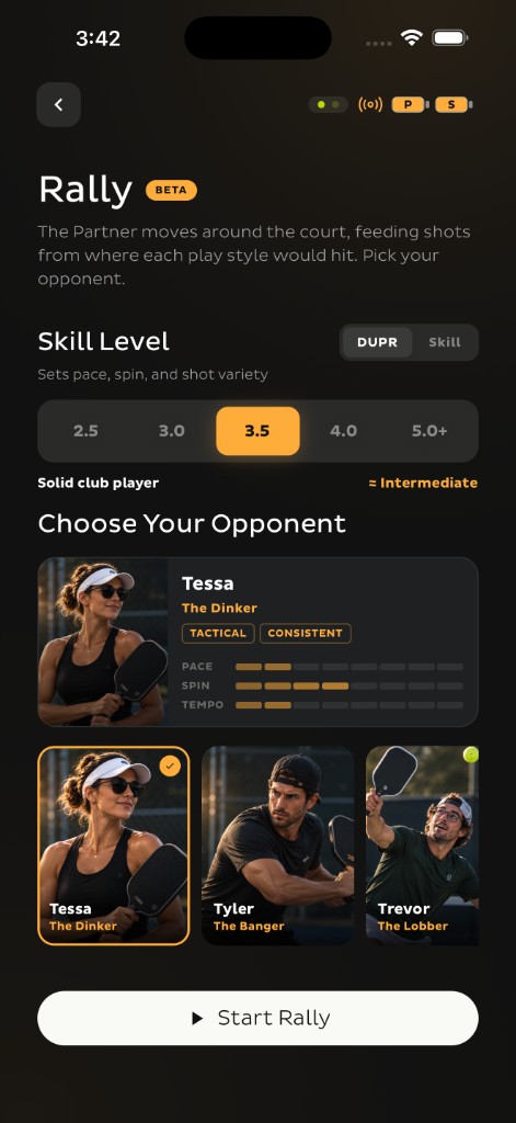 Rally app showing the Choose Your Opponent screen with skill level picker and opponent cards