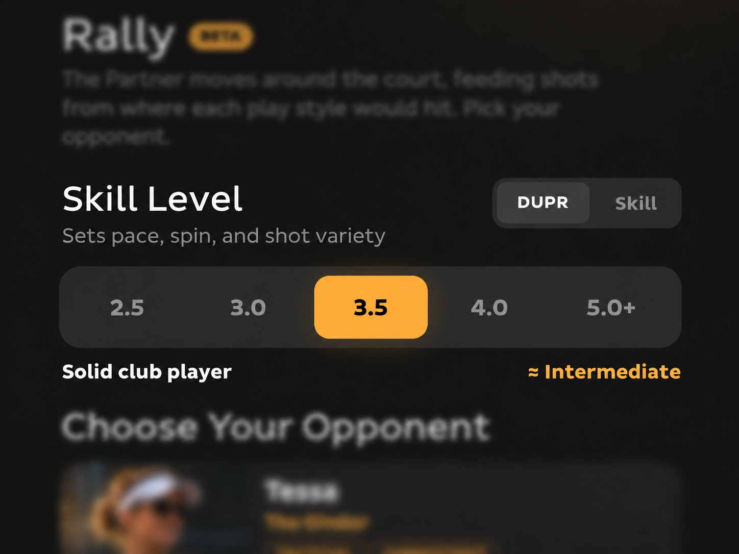 Rally skill level picker set to DUPR 3.5, solid club player